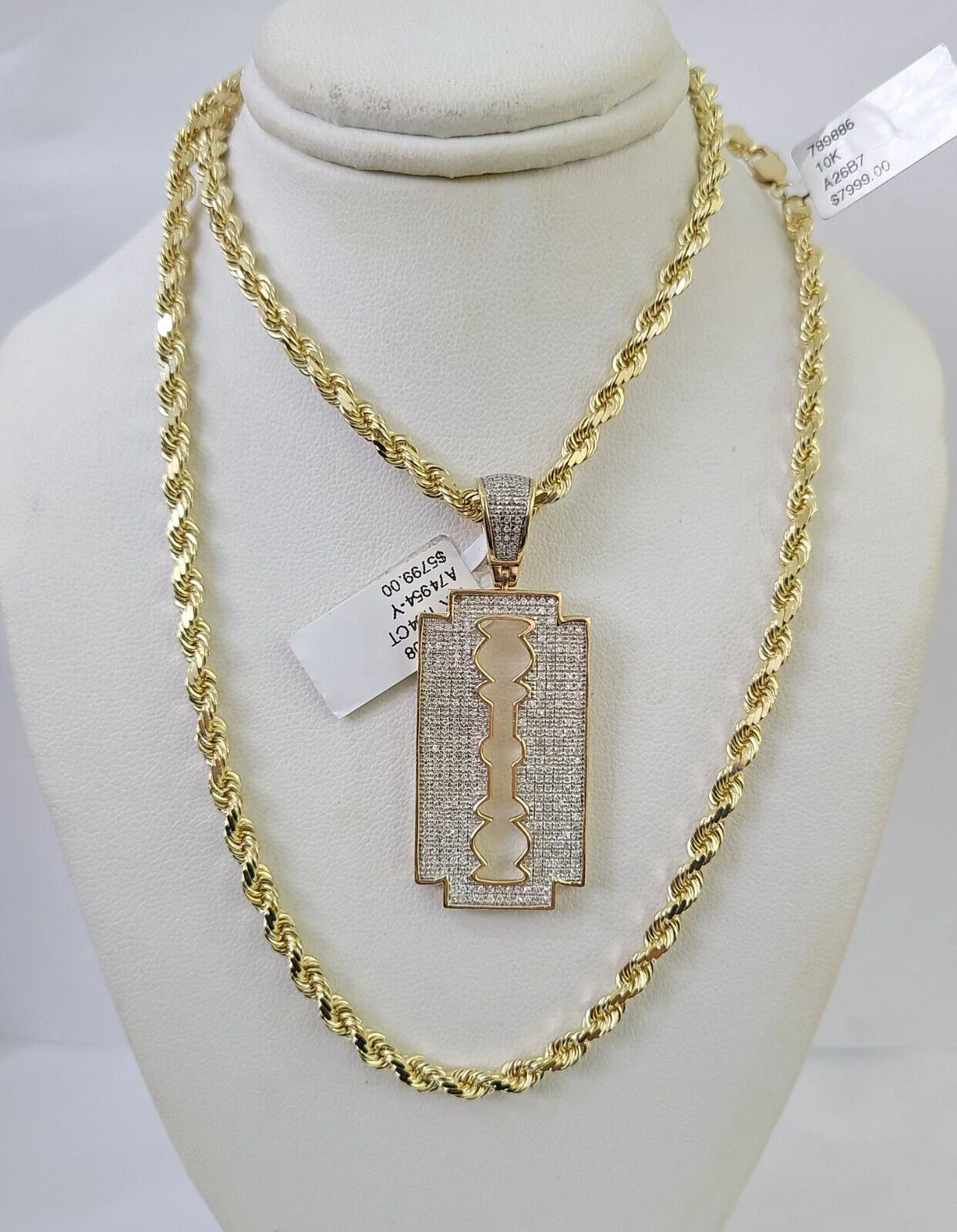 10k Solid Rope Chain Razor Blade Charm Diamond Set 4mm 20"-28" Necklace Gold - Image 5