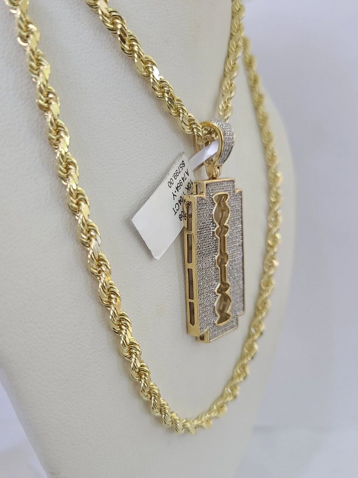 10k Solid Rope Chain Razor Blade Charm Diamond Set 4mm 20"-28" Necklace Gold - Image 6