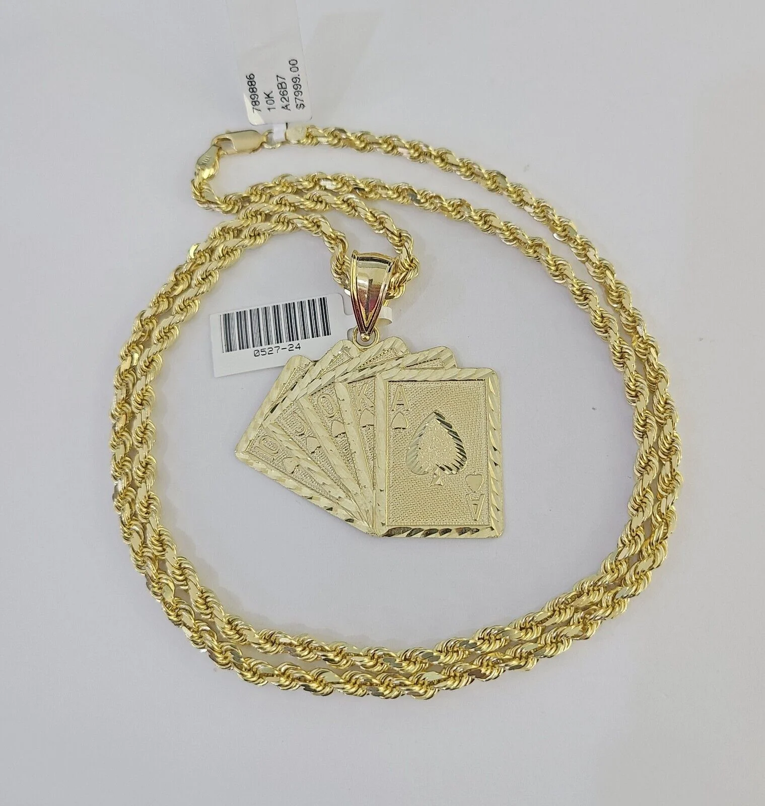 10k Solid Rope Chain Royal Flush Cards Charm Set 4mm 20"-28" Necklace Gold - Image 3