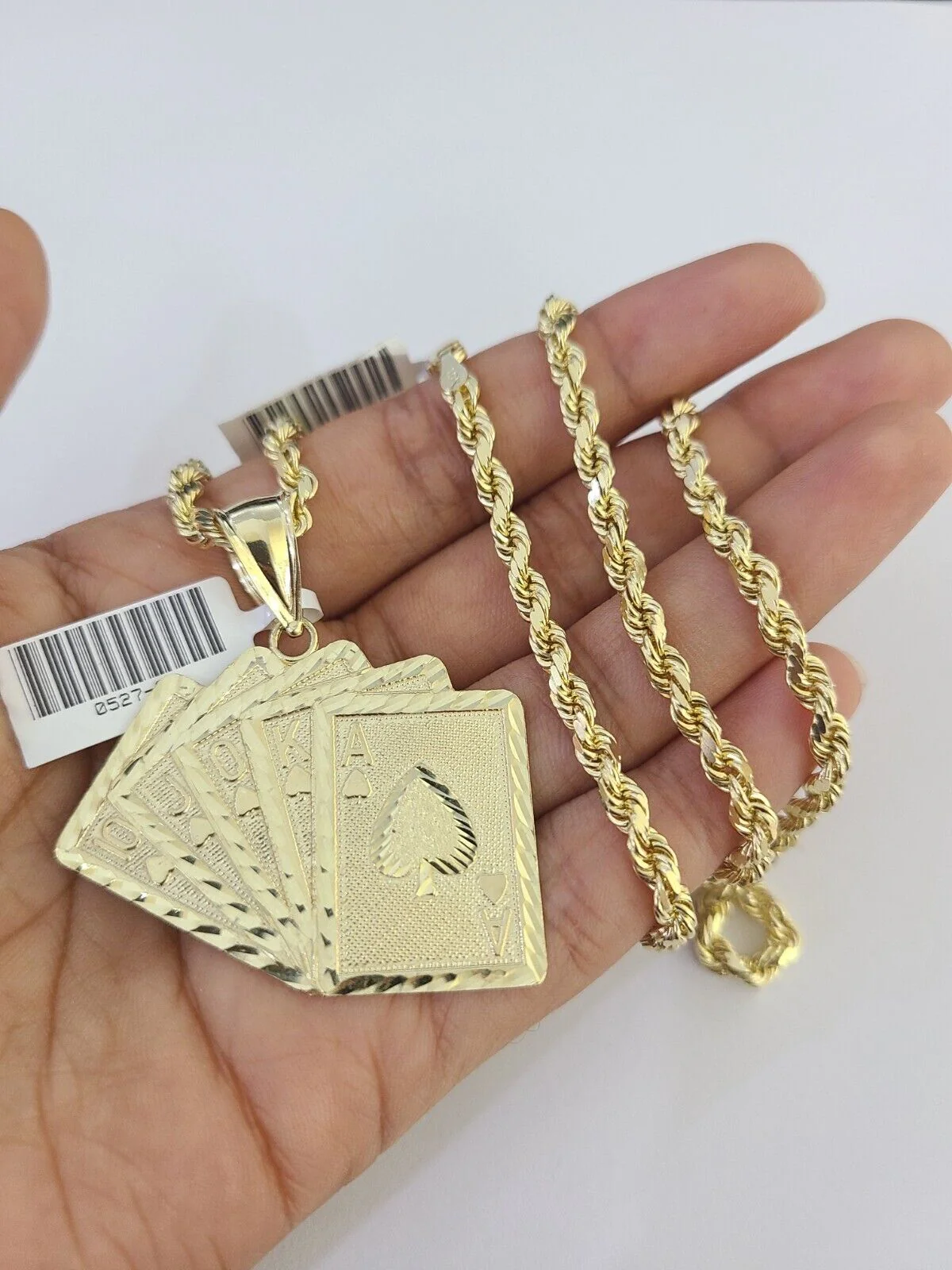 10k Solid Rope Chain Royal Flush Cards Charm Set 4mm 20"-28" Necklace Gold - Image 4