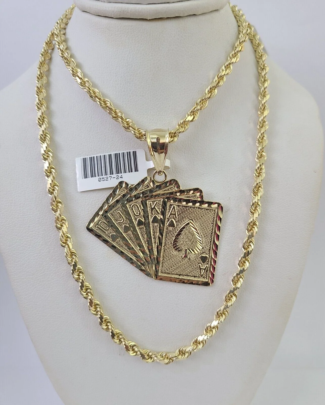 10k Solid Rope Chain Royal Flush Cards Charm Set 4mm 20"-28" Necklace Gold - Image 6