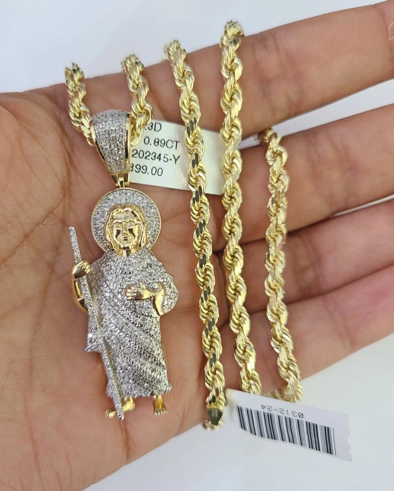 10k Solid Rope Chain Saint Jude Charm Diamond Set 4mm 20"-28" Necklace Gold