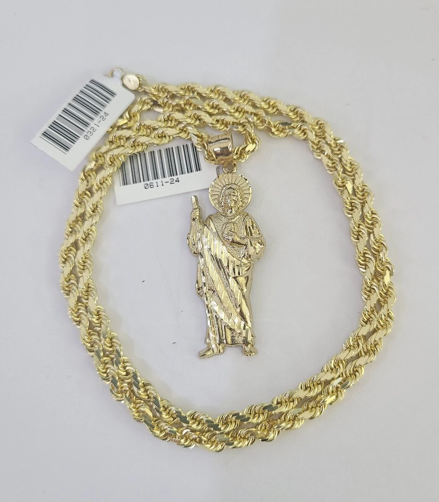 10k Solid Rope Chain Saint Jude Charm Set 4mm 18"-30" Necklace Gold Pendant - Image 2