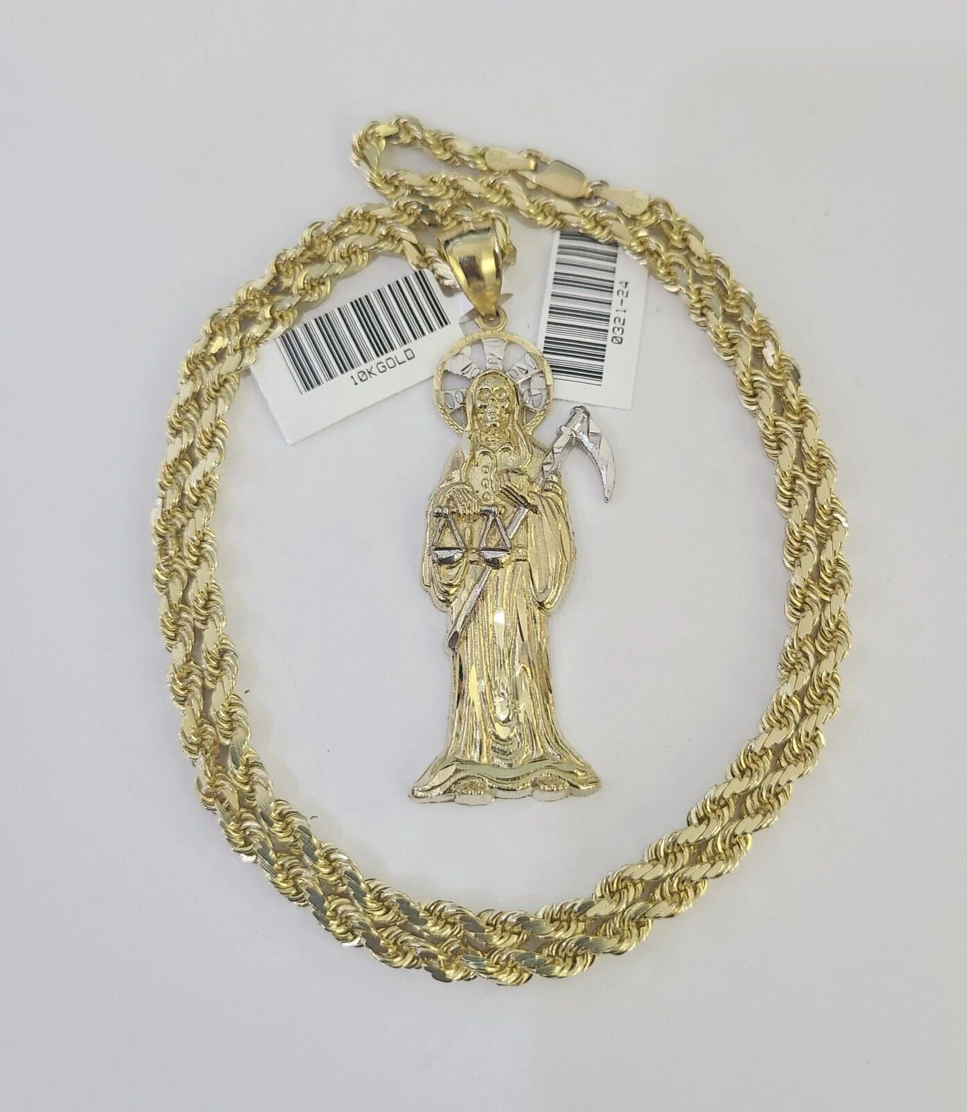 10k Solid Rope Chain Saint Reaper Charm Set 4mm 18"-30" Necklace Gold Pendant - Image 3