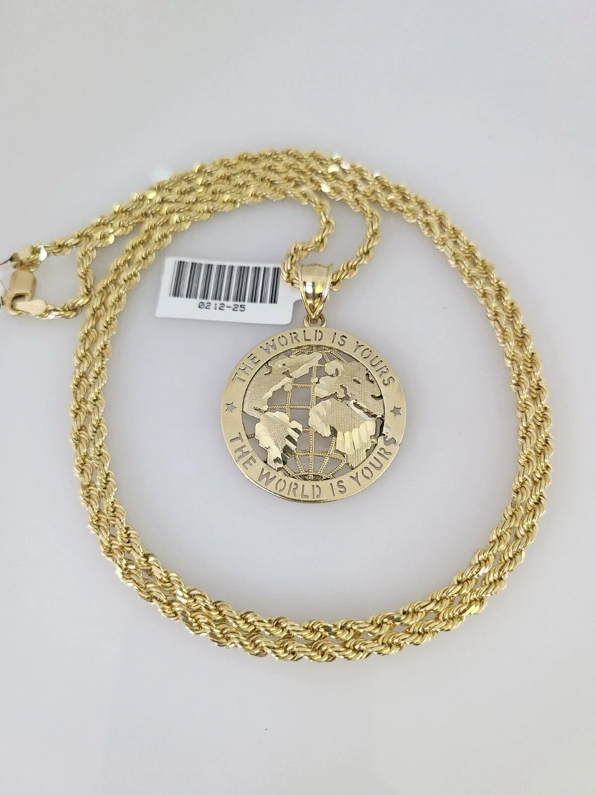10k Solid Rope Chain World is Yours Charm Pendant 3mm Necklace Set 18"-26" in - Image 4