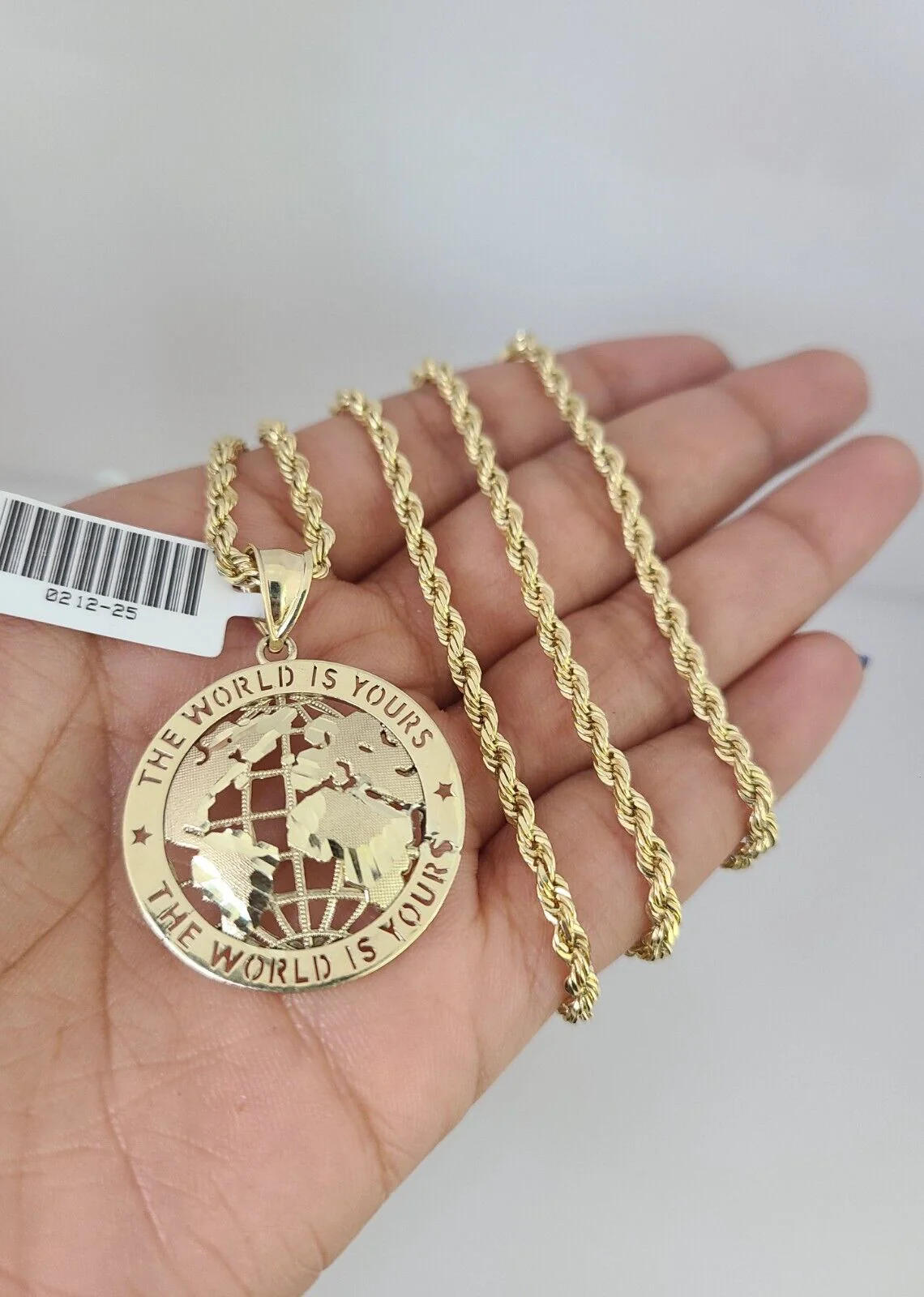 10k Solid Rope Chain World is Yours Charm Pendant 3mm Necklace Set 18"-26" in - Image 6