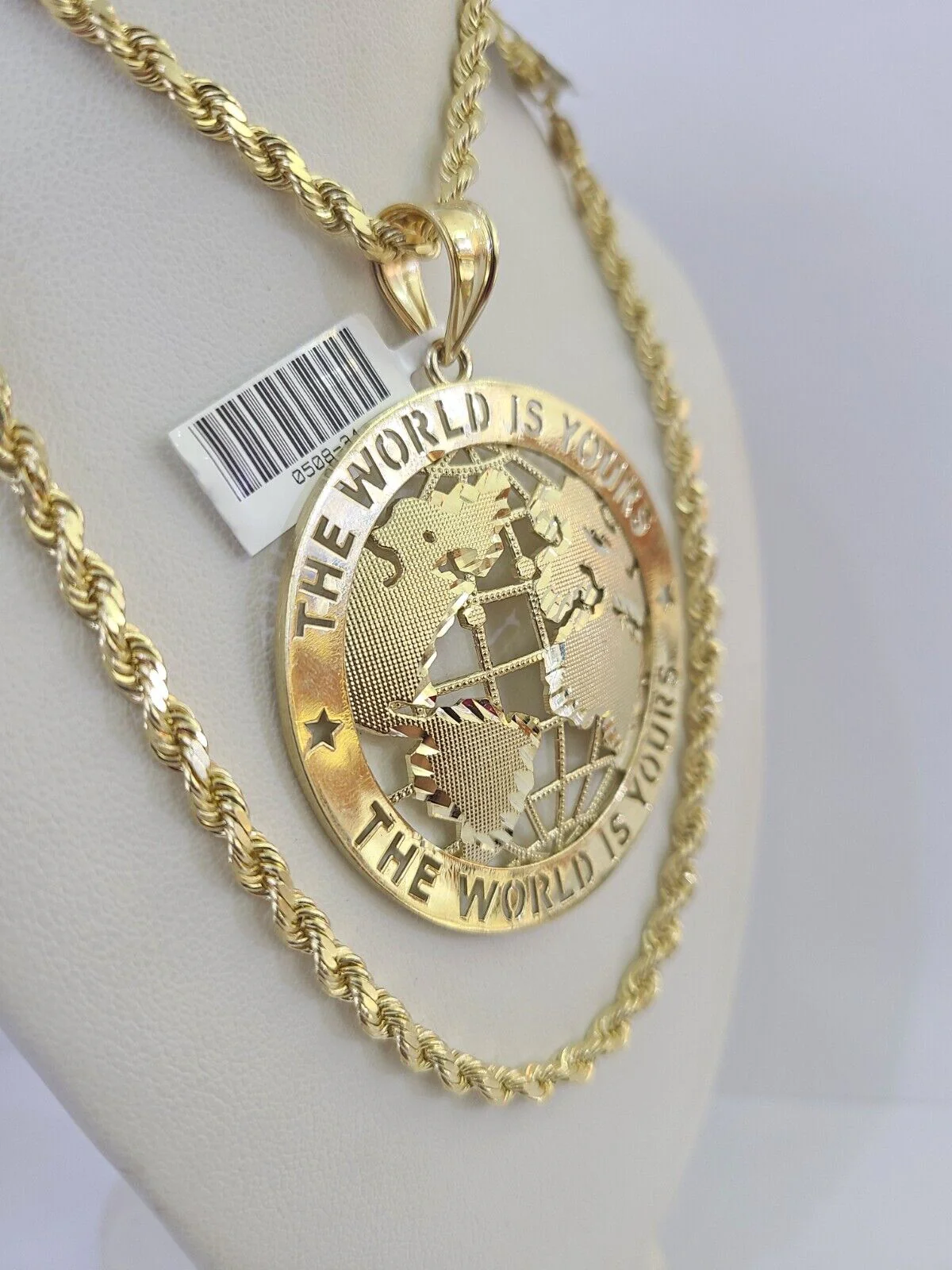 10k Solid Rope Chain World is Yours Charm Set 4mm 20"-28" Necklace Gold Yellow - Image 2