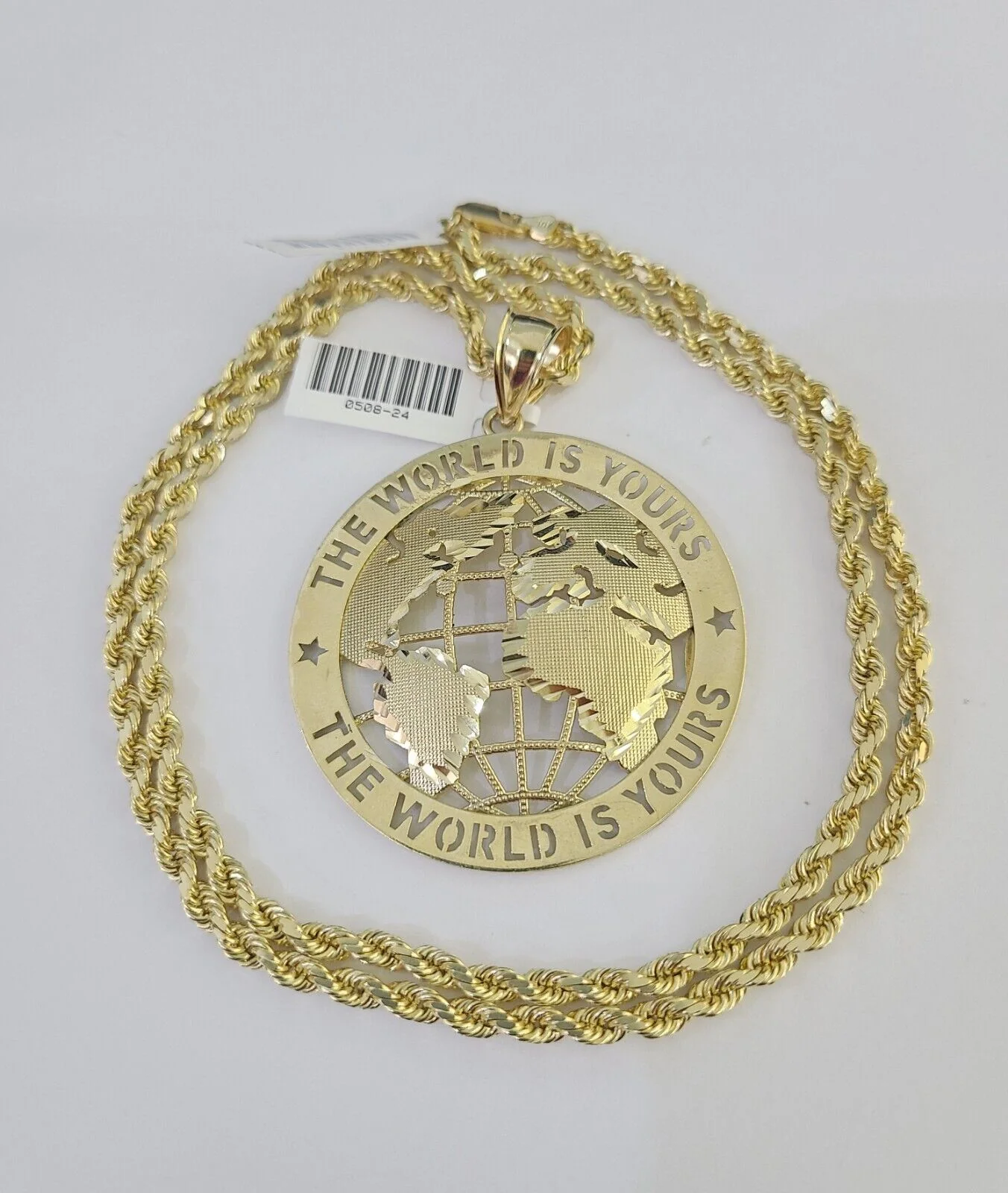 10k Solid Rope Chain World is Yours Charm Set 4mm 20"-28" Necklace Gold Yellow - Image 5