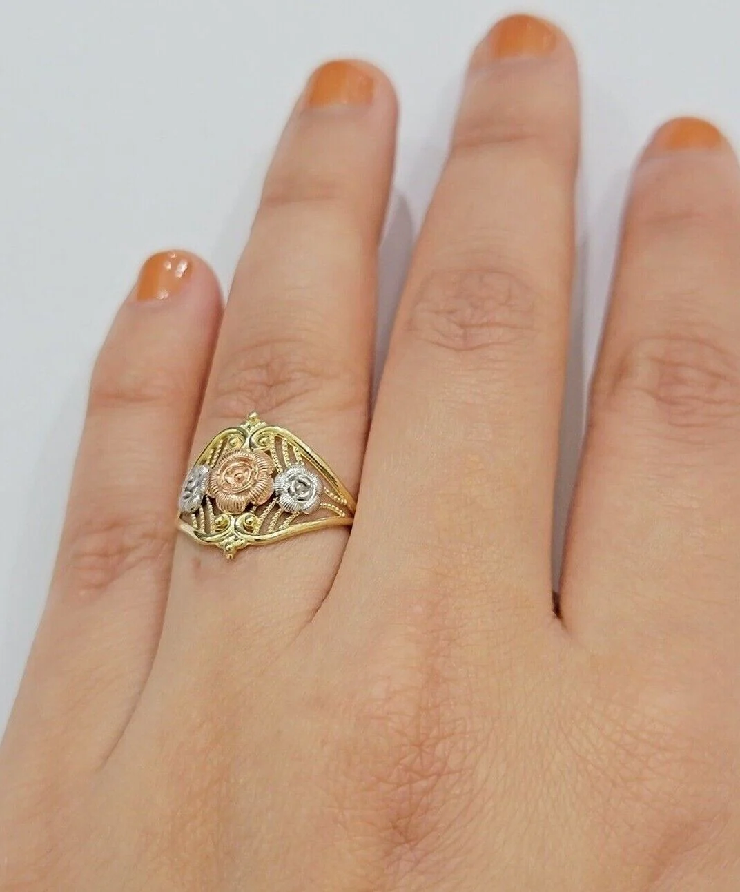 10k Trio Gold Lady Flower Ring Womens Casual Yellow Band Real 10kt Unique Design Ring Sizes 6,7,8,9,10,11 & 12 - Image 5