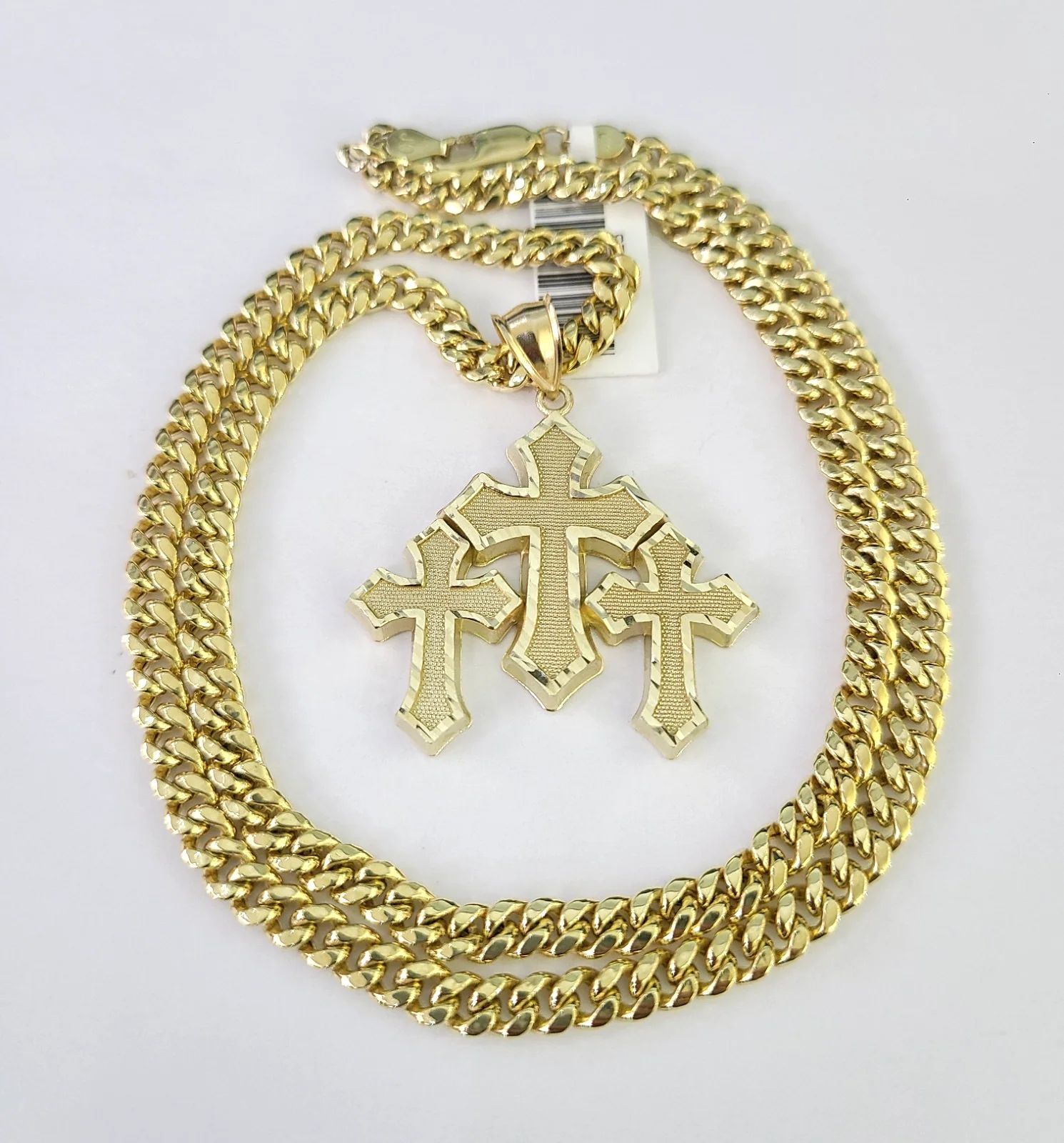 10k Triple Cross Charm Miami Cuban Chain Pendant Set 5mm 18"28" Necklace Gold - Image 3