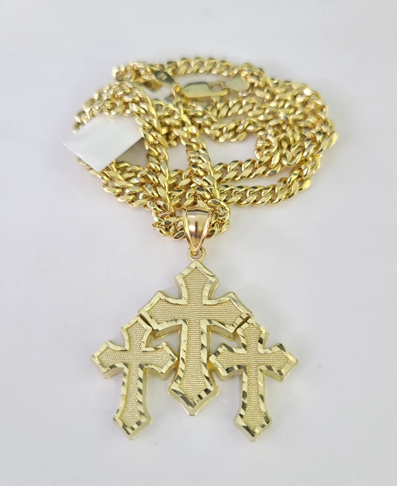 10k Triple Cross Charm Miami Cuban Chain Pendant Set 5mm 18"28" Necklace Gold - Image 5