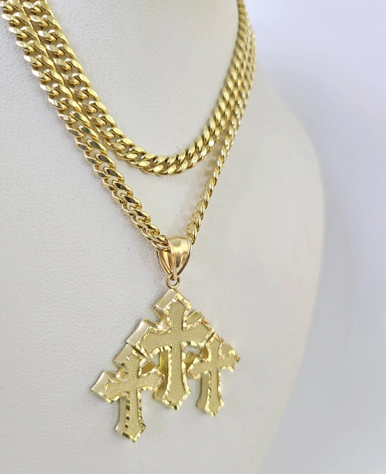 10k Triple Cross Charm Miami Cuban Chain Pendant Set 5mm 18"28" Necklace Gold - Image 6
