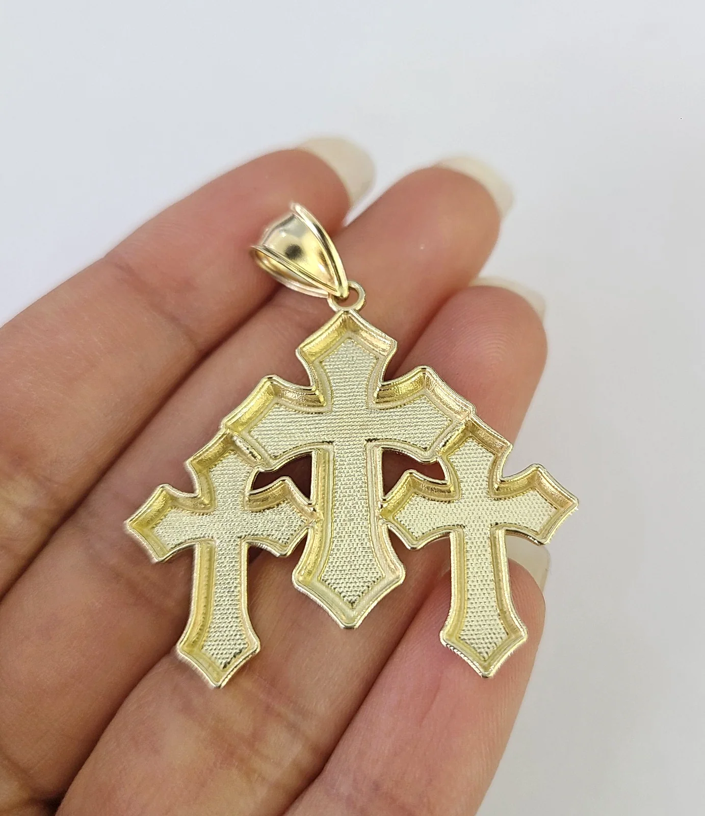 10k Triple Cross Charm Miami Cuban Chain Pendant Set 5mm 18"28" Necklace Gold - Image 7