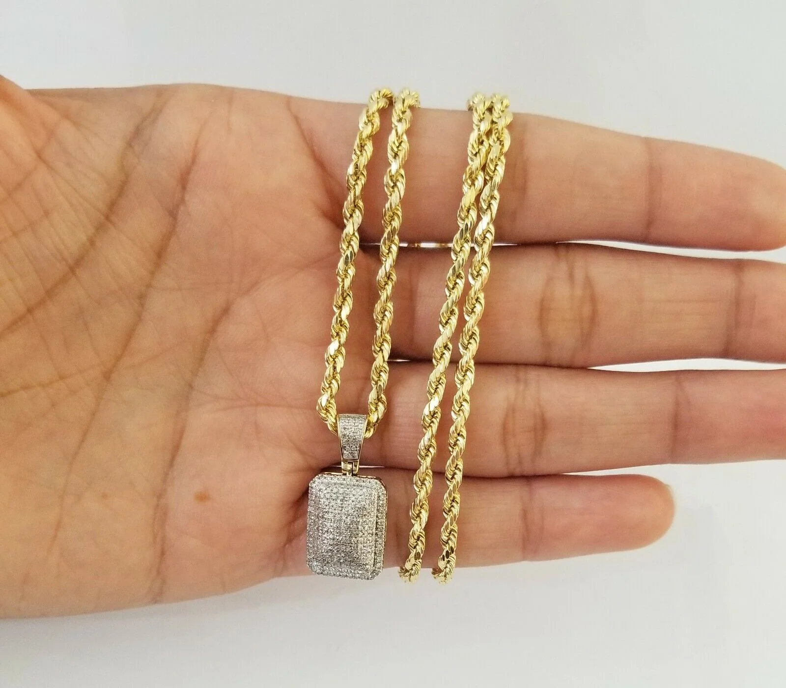 10K Yellow Gold 0.51CT Real Diamond Pillow Charm With 3mm 24" gold rope chain - Image 2
