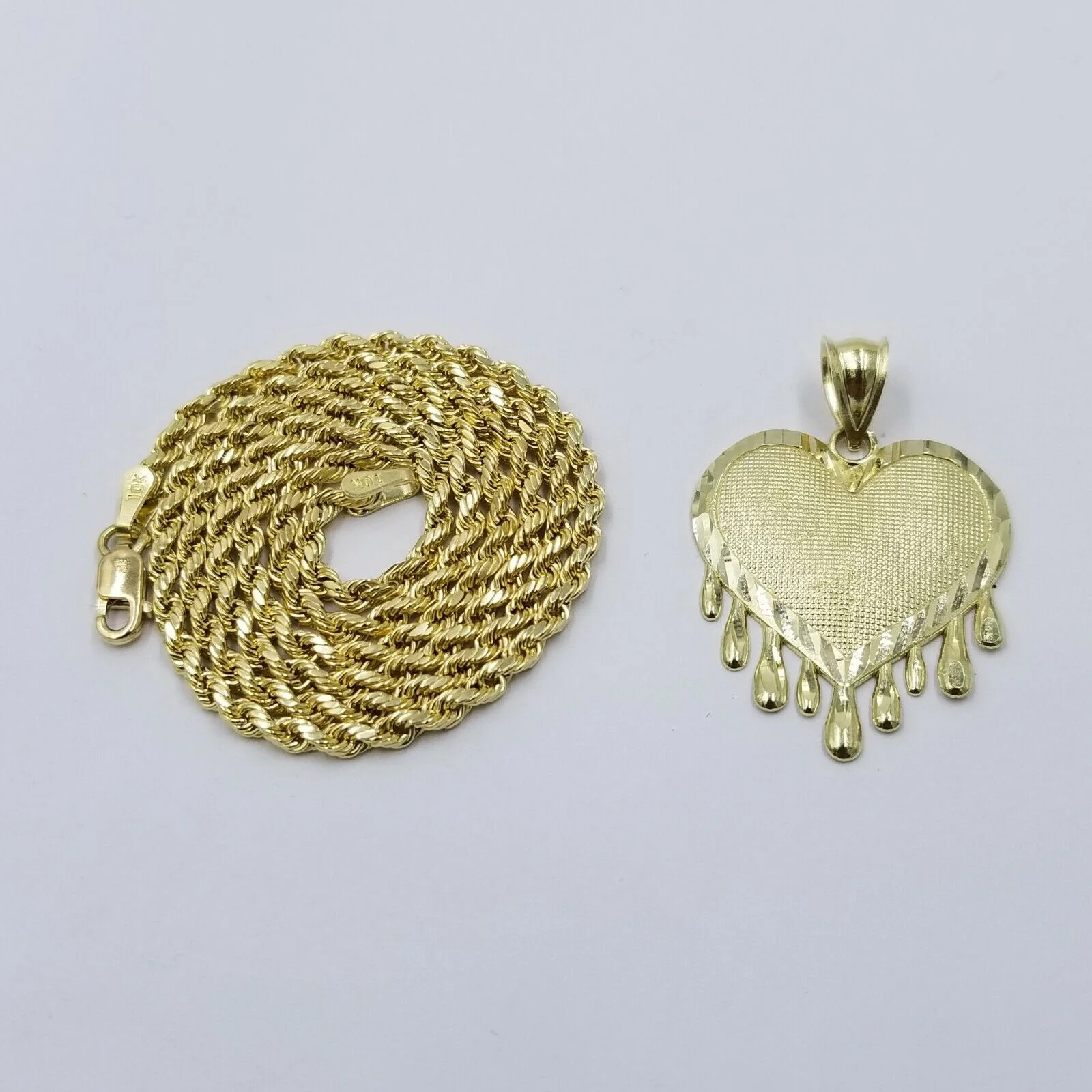10k Yellow Gold 2.5mm Rope Chain Necklace Dripping Heart Diamond Cut Pendant - Image 3