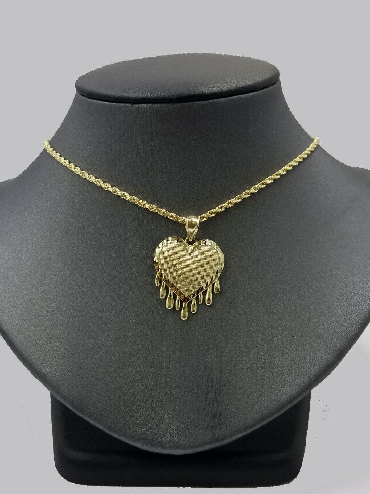 10k Yellow Gold 2.5mm Rope Chain Necklace Dripping Heart Diamond Cut Pendant - Image 8
