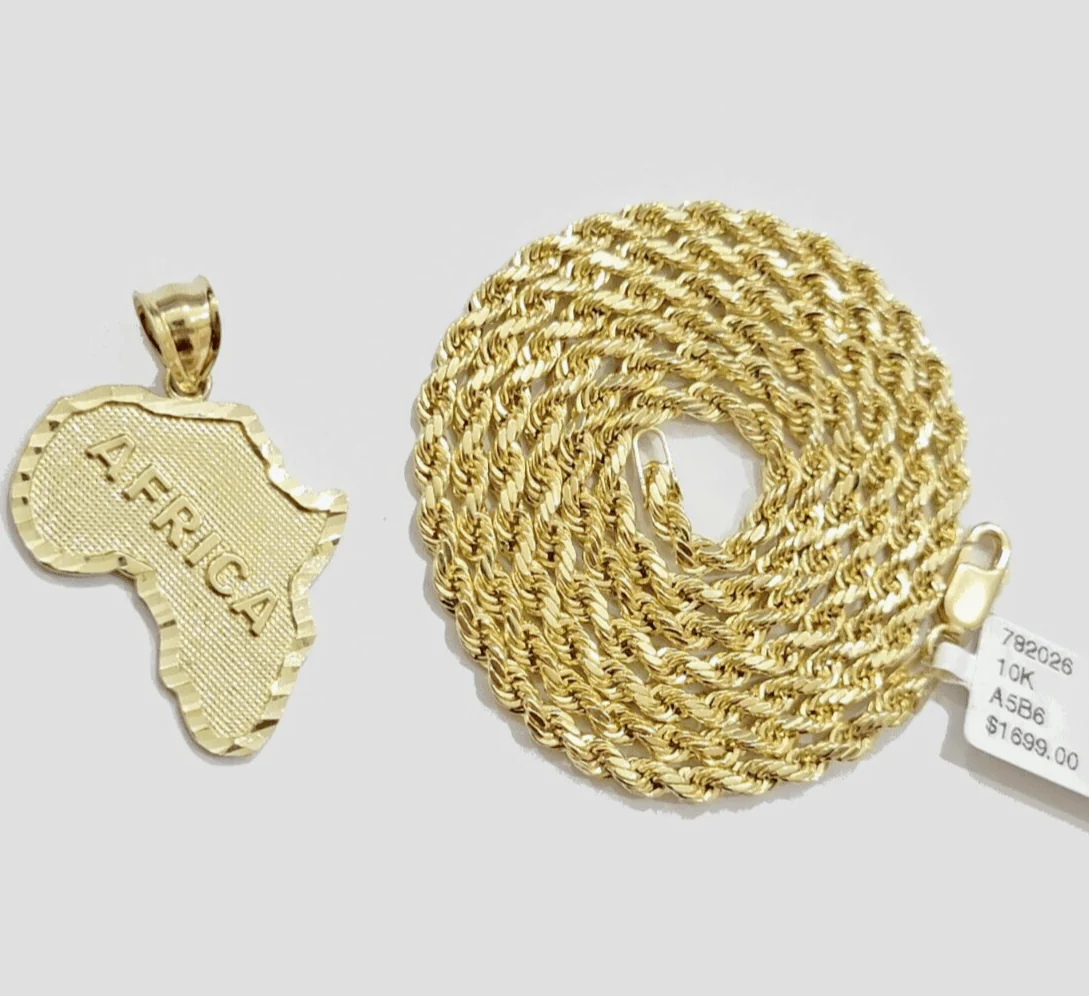 10k Yellow Gold Africa Map Charm Rope Chain 18 Inch Necklace Pendant SET - Image 6