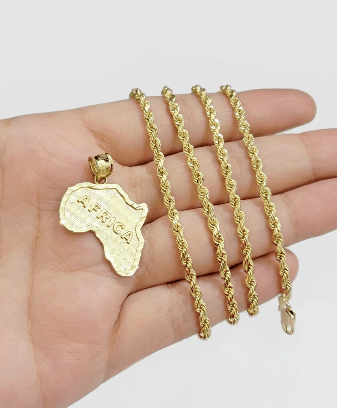 10k Yellow Gold Africa Map Charm Rope Chain 20 Inch Necklace Pendant SET - Image 7