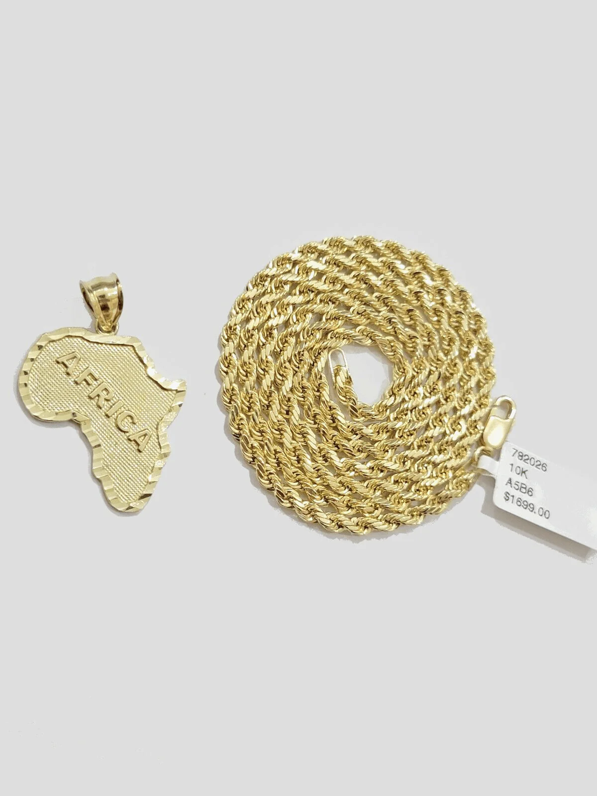 10k Yellow Gold Africa Map Charm Rope Chain Pendant 22 Inch Necklace 10kt - Image 12