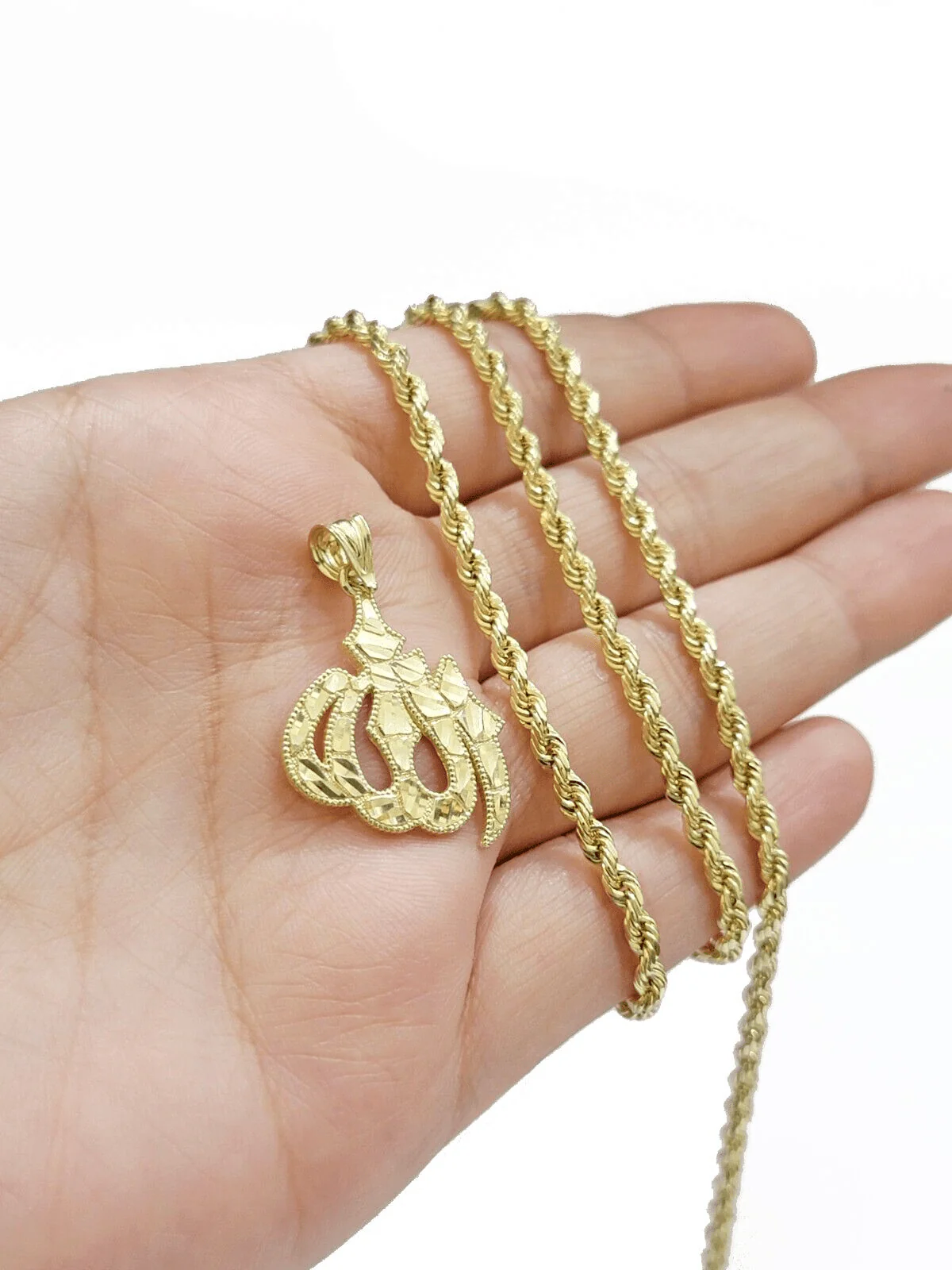10k Yellow Gold Allah Charm Rope Chain 22 Inch Necklace 10kt Pendant Real - Image 7