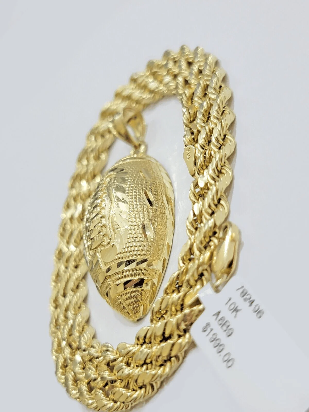 10k Yellow Gold American Football Charm Rope Chain 4mm 22 Inch Necklace Pendant - Image 3