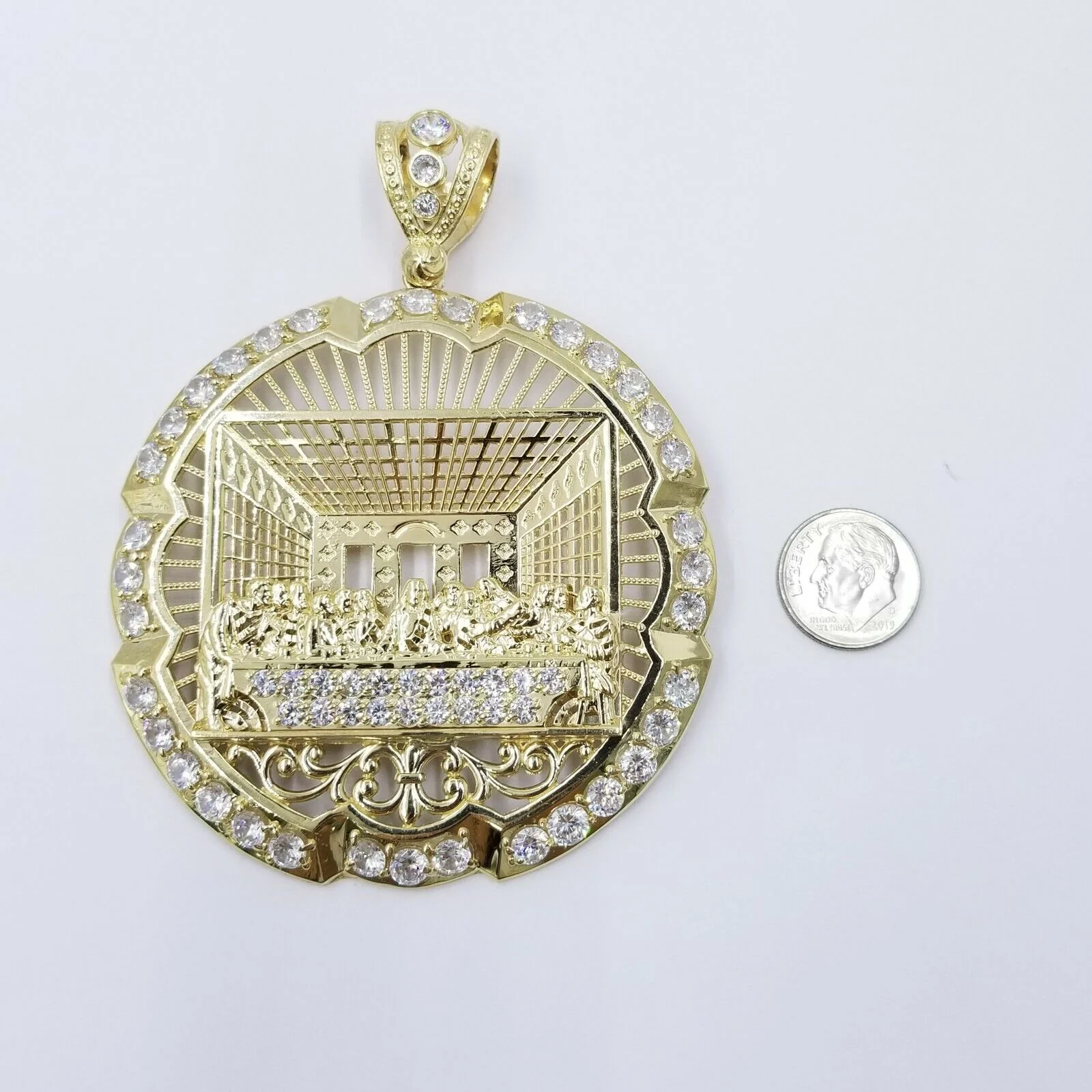 10k Yellow Gold Apostles Last Supper Round Pendant Diamond Cut Men 3.75" 75mm - Image 4