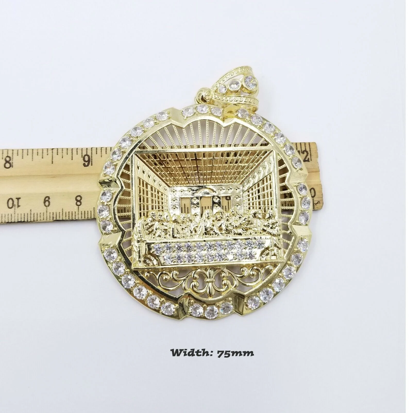 10k Yellow Gold Apostles Last Supper Round Pendant Diamond Cut Men 3.75" 75mm - Image 6