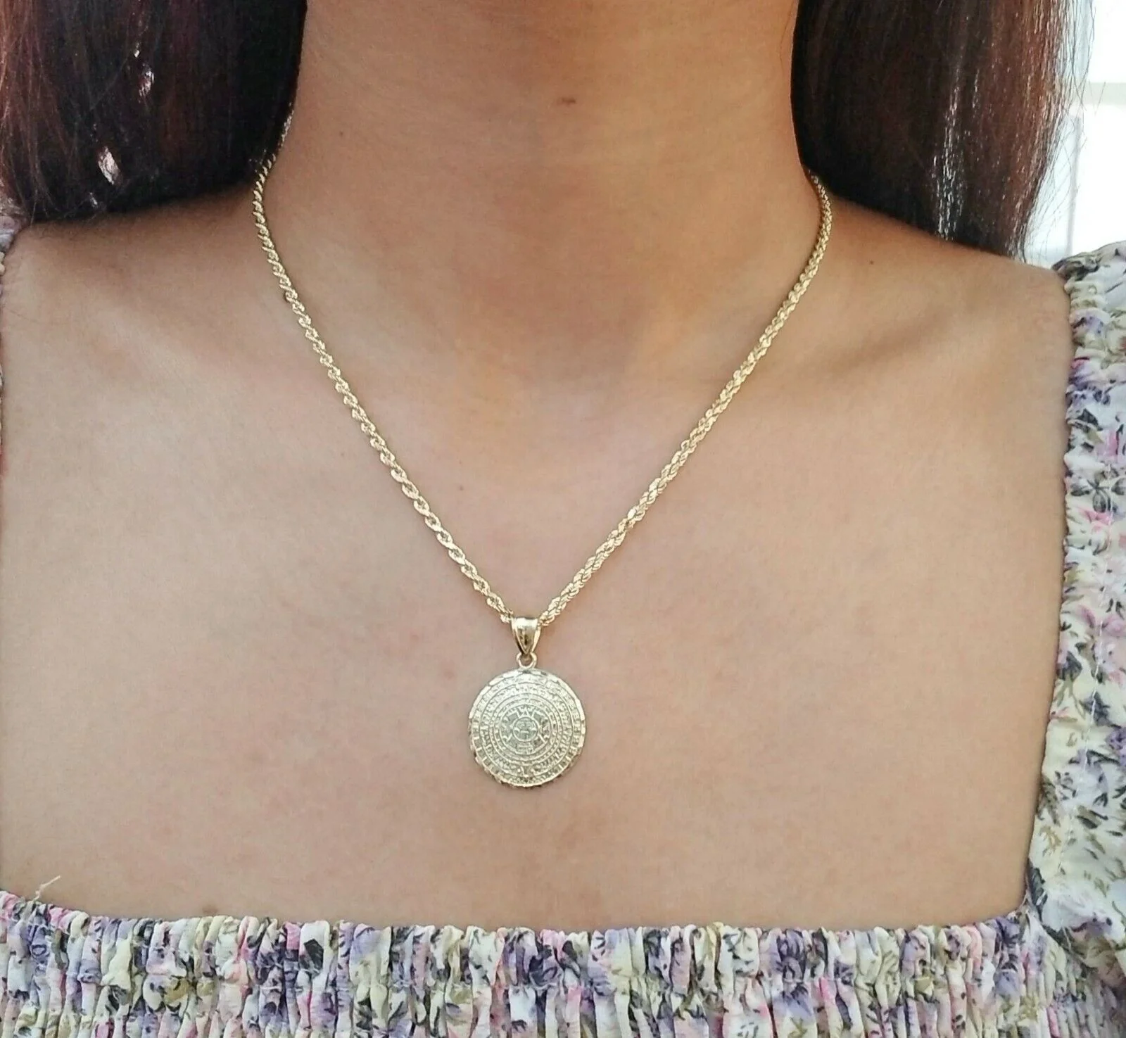 10k Yellow Gold Aztec Calendar charm 3mm rope chain Real Gold set - Image 2