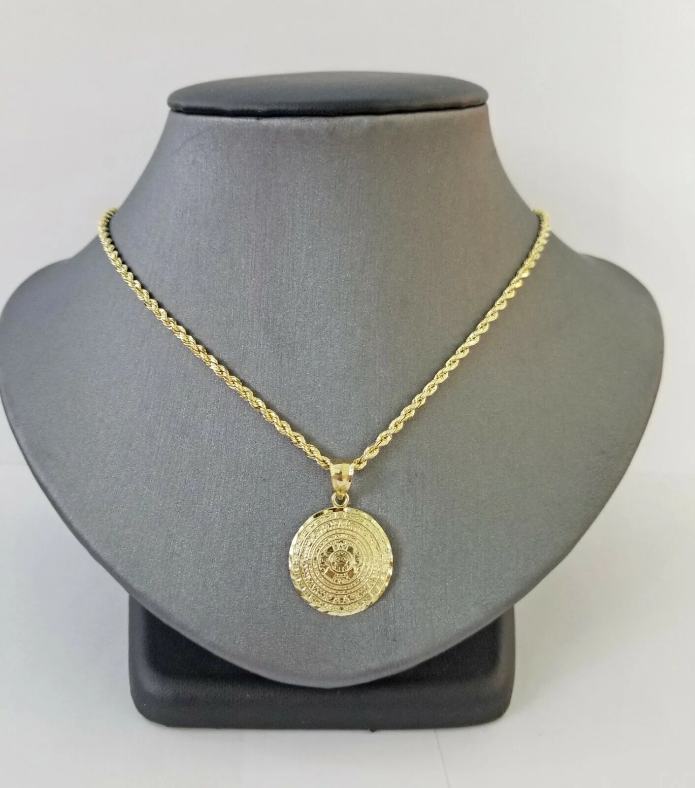 10k Yellow Gold Aztec Calendar charm 3mm rope chain Real Gold set - Image 4