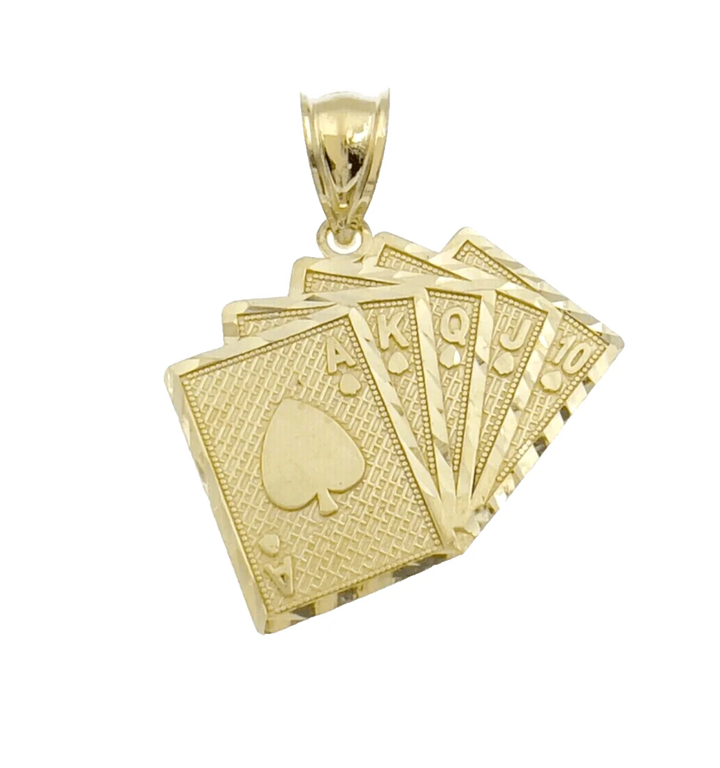 10k Yellow Gold Card Charm Royal Flush Pendant 1'' Necklace Chain 10kt Real - Image 2