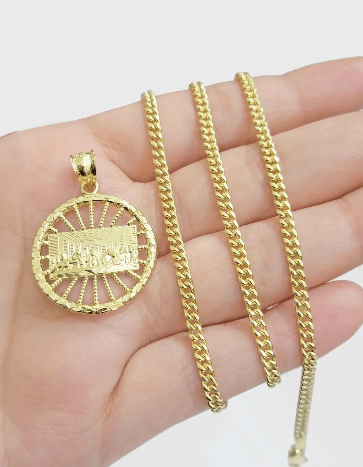10k Yellow Gold chain Charm Pendant set Miami Cuban 4mm 20 Inch & Last supper - Image 8