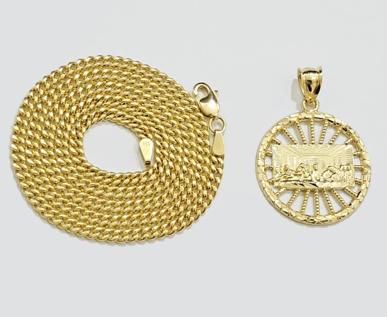 10k Yellow Gold chain Charm Pendant set Miami Cuban 4mm 24 Inch & Last supper - Image 6