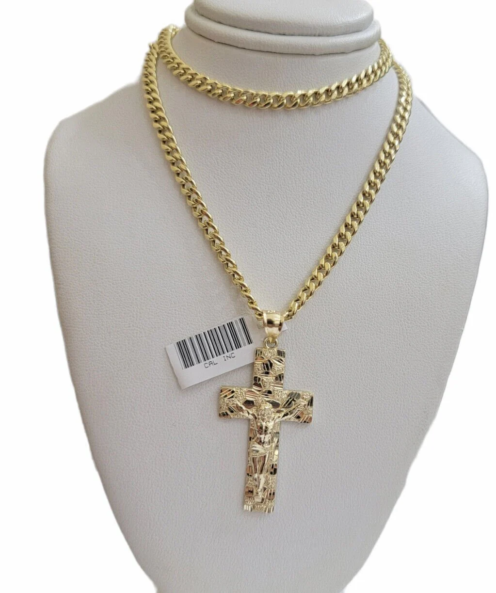 10k Yellow Gold Chain Nugget Pendant Set Miami Cuban link Necklace 5mm 18"-28" - Image 5