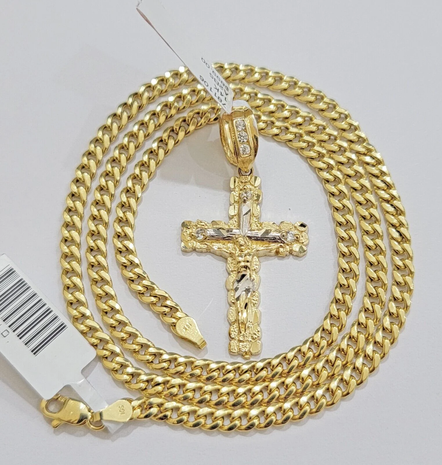10k Yellow Gold Cross Charm Pendant 18-26" Miami Cuban Link Chain Necklace SET - Image 2