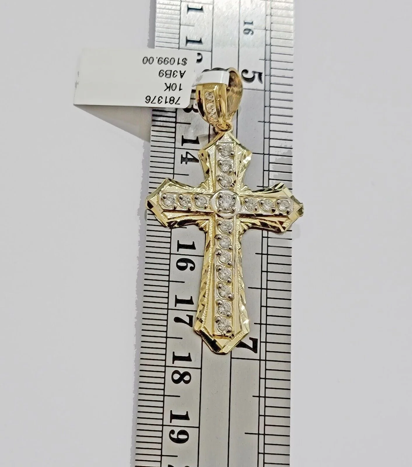 10k Yellow Gold Cross Charm pendant 2" Inch With Cubic Zirconia For Sale - Image 4