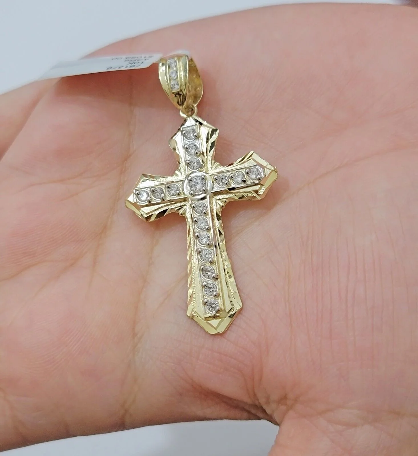 10k Yellow Gold Cross Charm pendant 2" Inch With Cubic Zirconia For Sale - Image 5