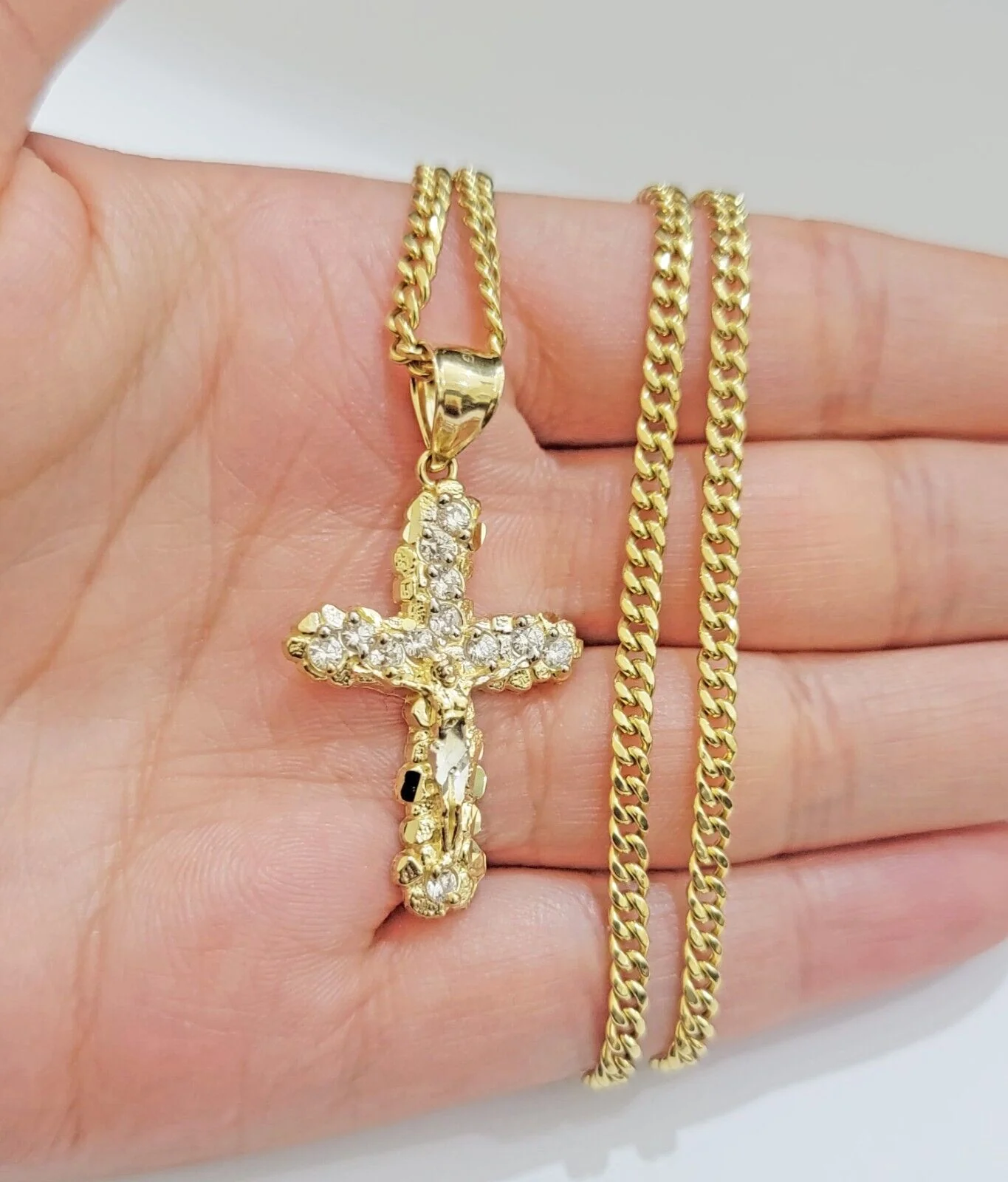 10k Yellow Gold Cross Charm pendant & Miami cuban Link Chain Necklace 2.5mm 18" - Image 2
