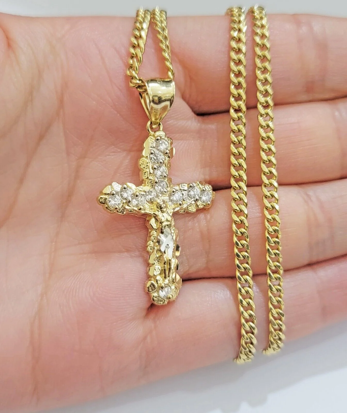 10k Yellow Gold Cross Charm pendant & Miami cuban Link Chain Necklace 2.5mm 18" - Image 4