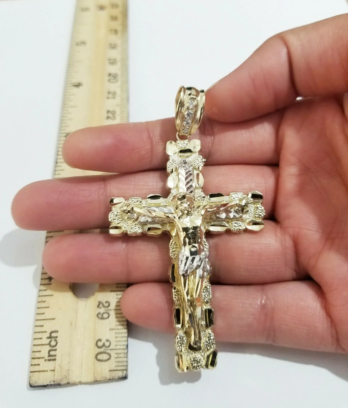 10K Yellow Gold Cross Pendant Men's Jesus Crucifix Charm 3" , fits Thick Chain - Image 4