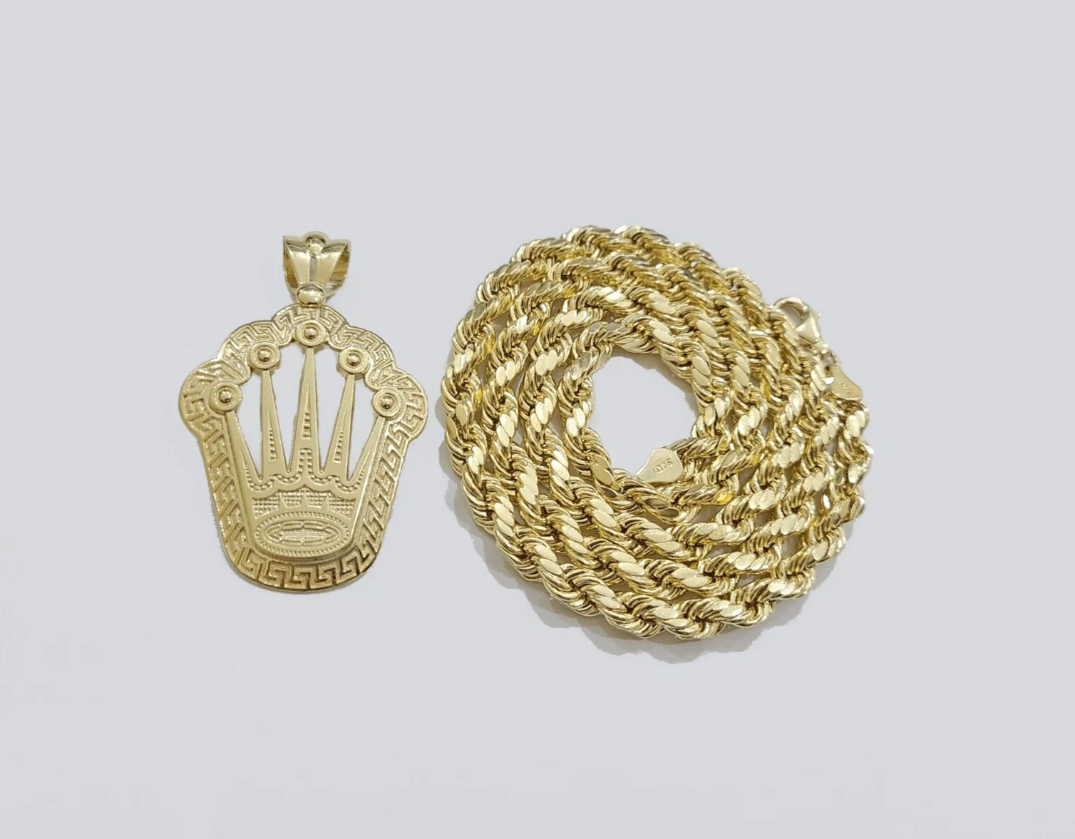 10k Yellow Gold Crown Charm Rope Chain 7mm 20'' Necklace Pendant 10kt Real - Image 12