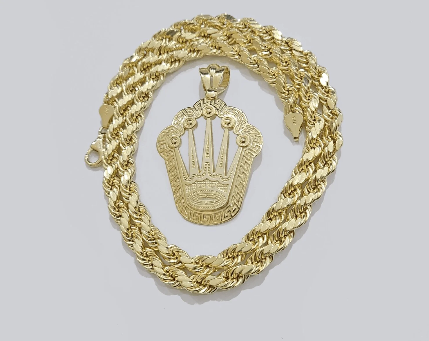 10k Yellow Gold Crown Charm Rope Chain 7mm 22'' Necklace Pendant 10kt Real - Image 11