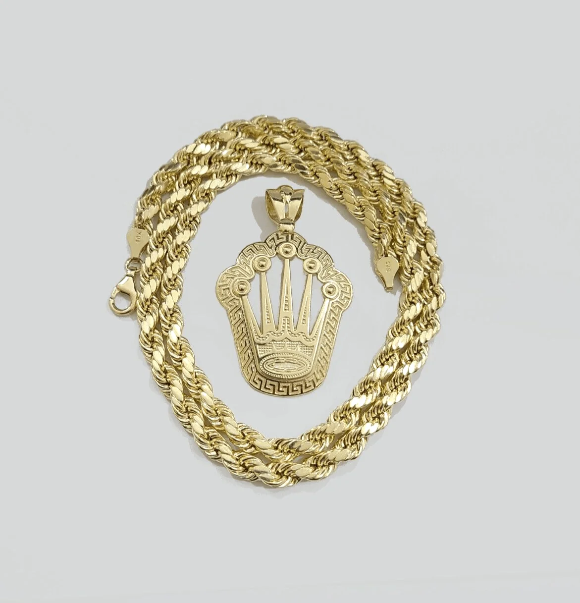 10k Yellow Gold Crown Charm Rope Chain 7mm 26'' Necklace Pendant 10kt Real - Image 13