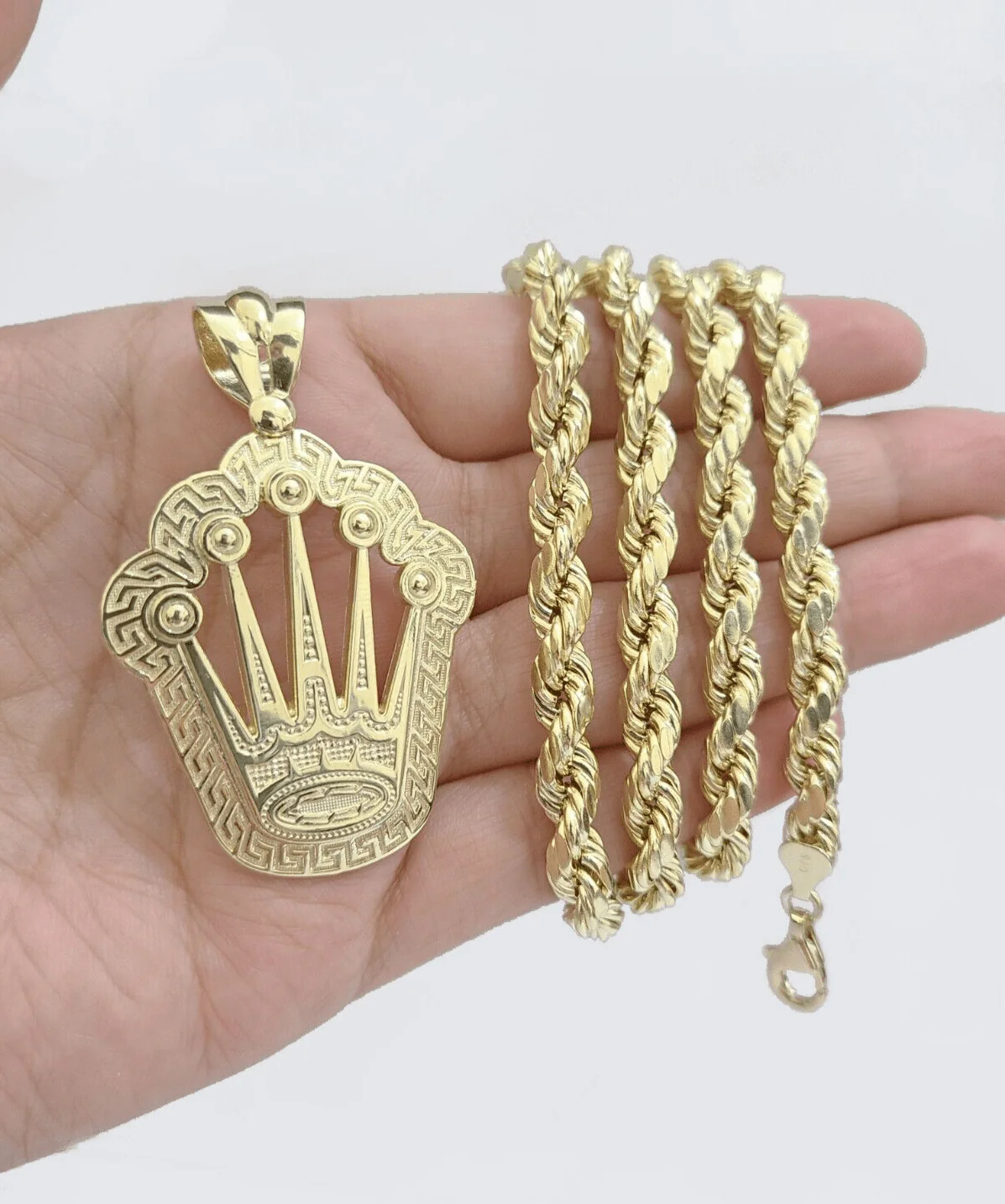 10k Yellow Gold Crown Charm Rope Chain 7mm 26'' Necklace Pendant 10kt Real - Image 8