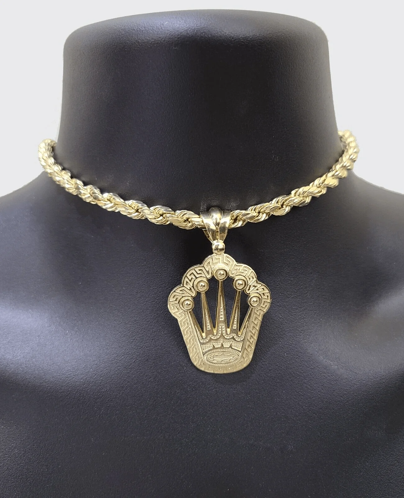 10k Yellow Gold Crown Charm Rope Chain 7mm 28'' Necklace Pendant 10kt Real - Image 8