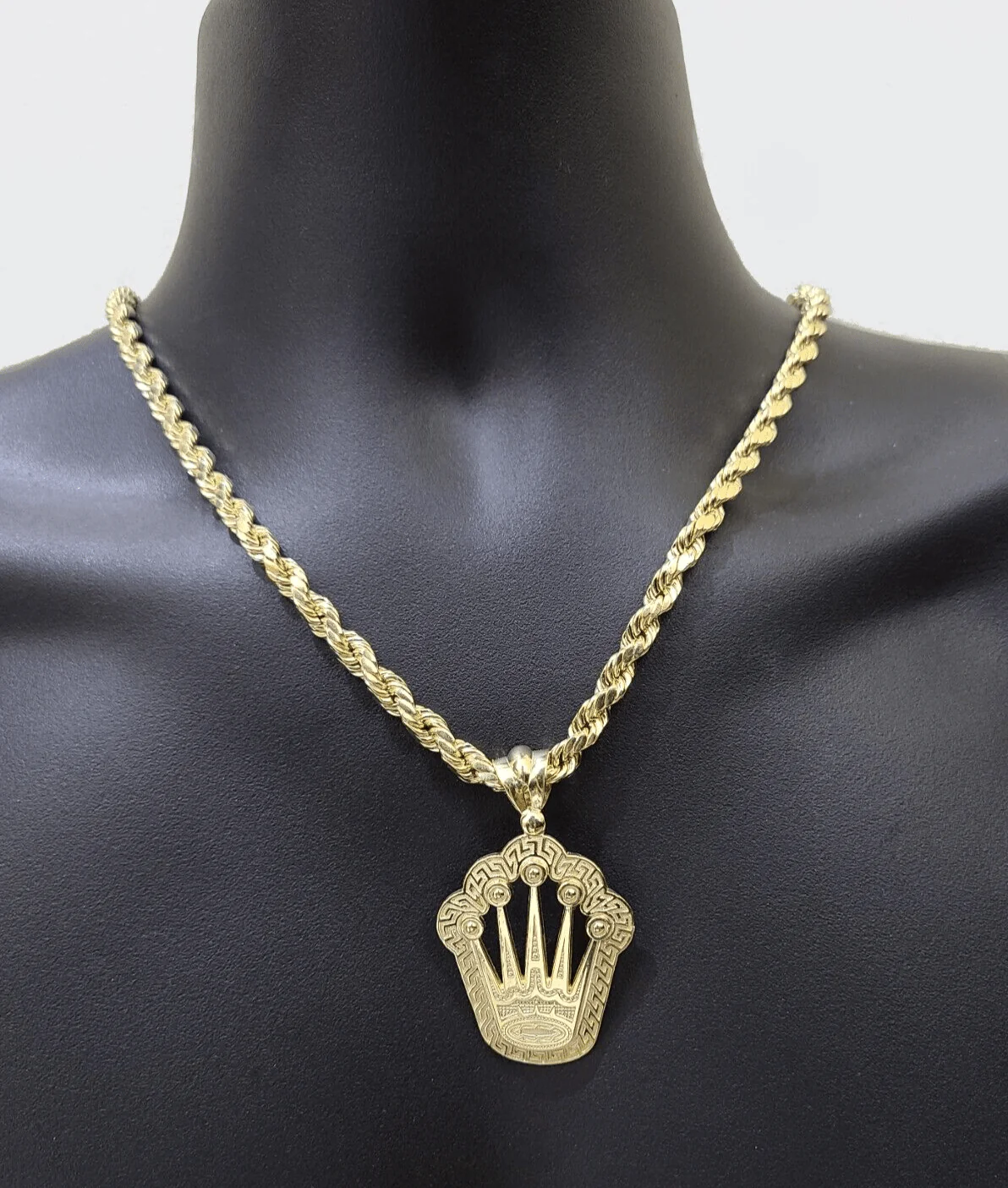 10k Yellow Gold Crown Charm Rope Chain Necklace 7mm 2'' Pendant 10kt Real - Image 8