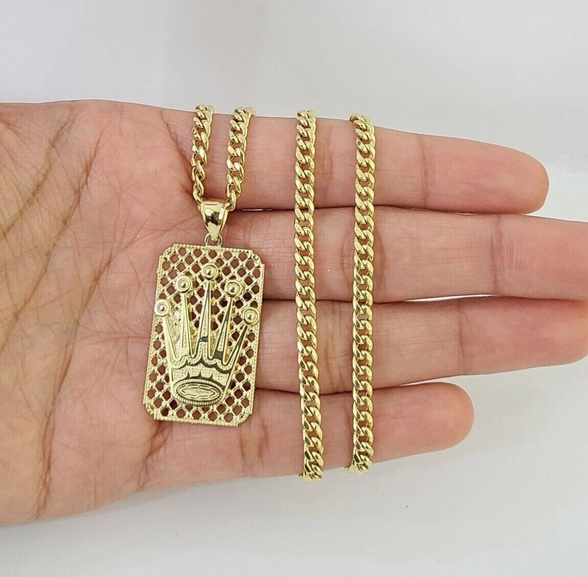 10K Yellow Gold Crown Pendent 4mm 18" 20" 22"24"26" Inch Miami Cuban Chain