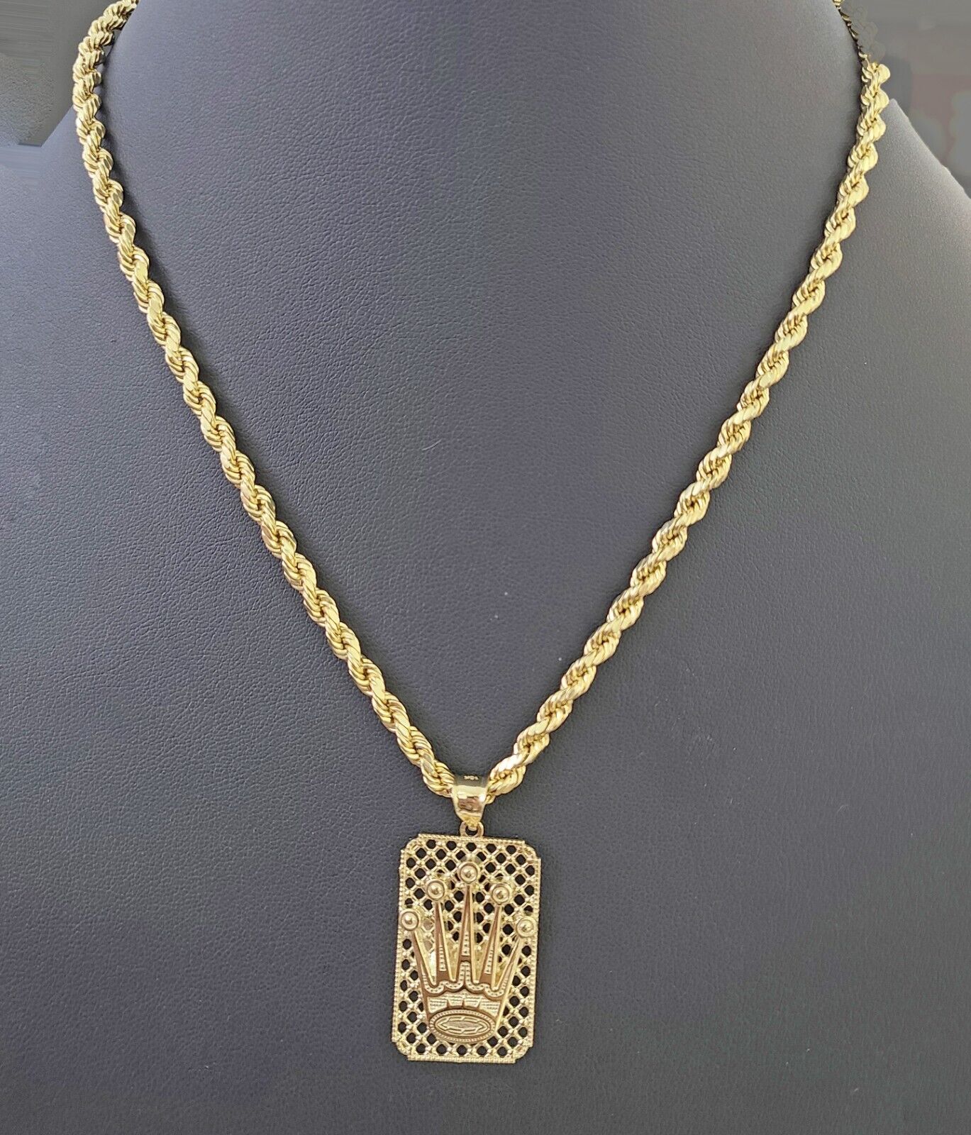 Real 10K Yellow Gold Crown Pendent 4mm Rope Chain 18" 20" 22"24"26" Inch - Image 3