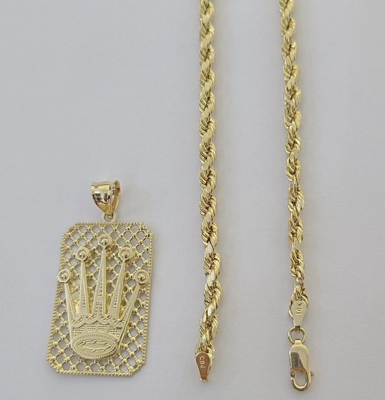 Real 10K Yellow Gold Crown Pendent 4mm Rope Chain 18" 20" 22"24"26" Inch - Image 4