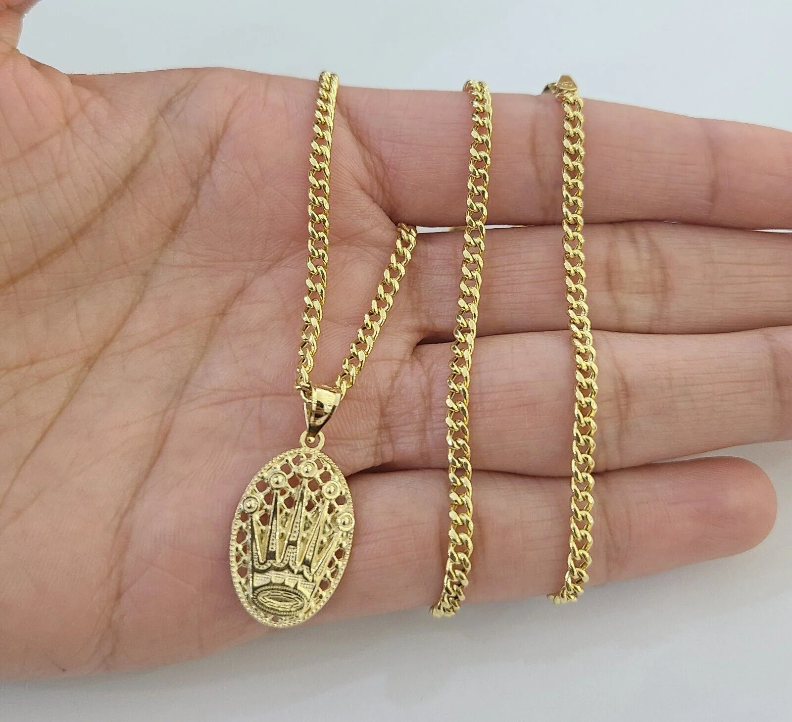 10K Yellow Gold Crown Pendent Charm 3mm Miami Cubn Chain 18" 20" 22" 24" 26"Inch - Image 2