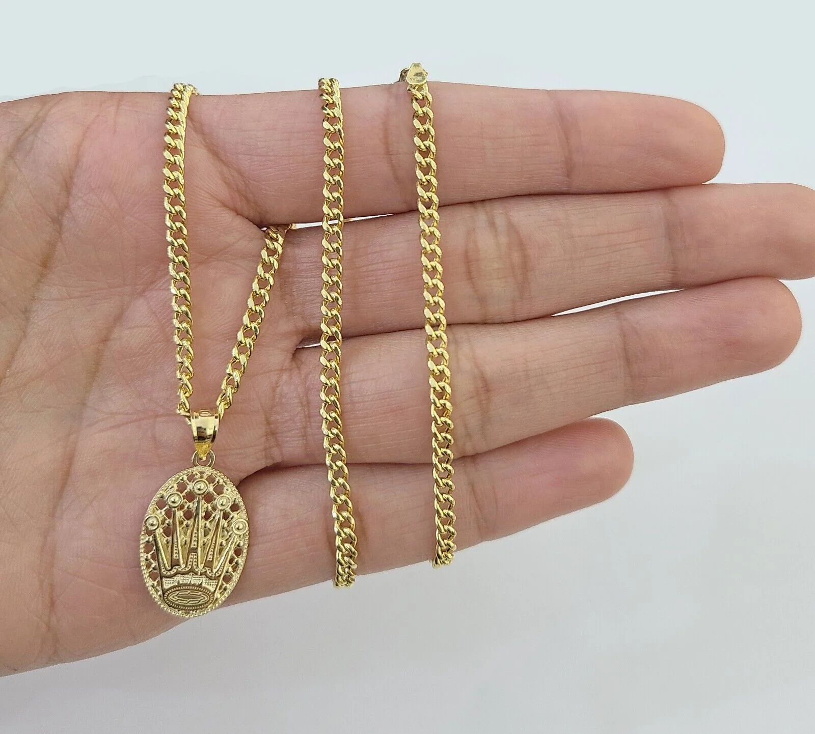 10K Yellow Gold Crown Pendent Charm 3mm Miami Cubn Chain 18" 20" 22" 24" 26"Inch - Image 5
